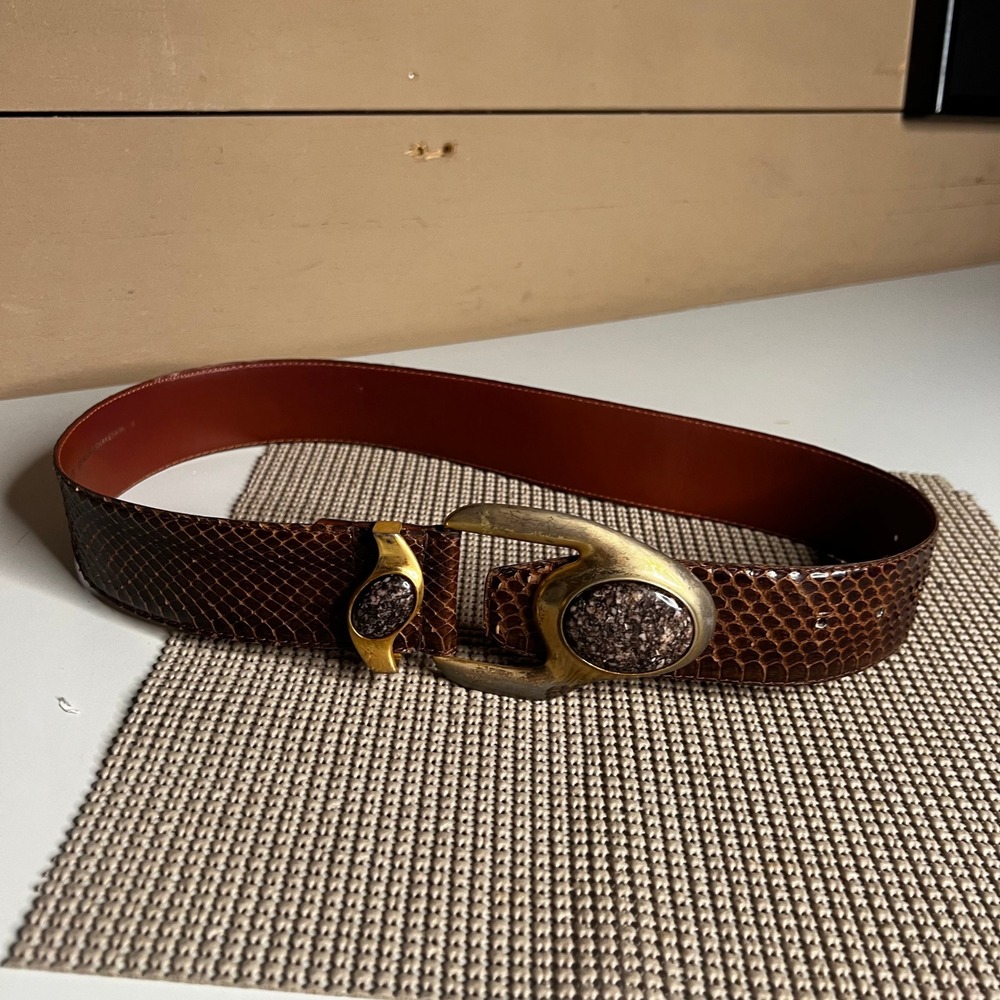 Jana Vintage Genuine Snakeskin Belt Brown Gold Buckle Granite Inlay Small 30in